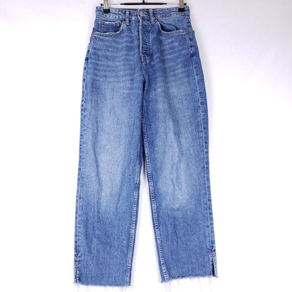 Divided Denim - H&M Divided Womens High Rise Distressed Straight Leg Jeans Frayed Hem Button Fly